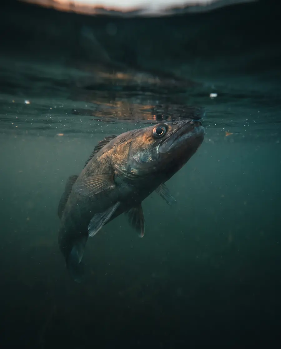 Zander im dunklen Wasser kurz vor dem Biss